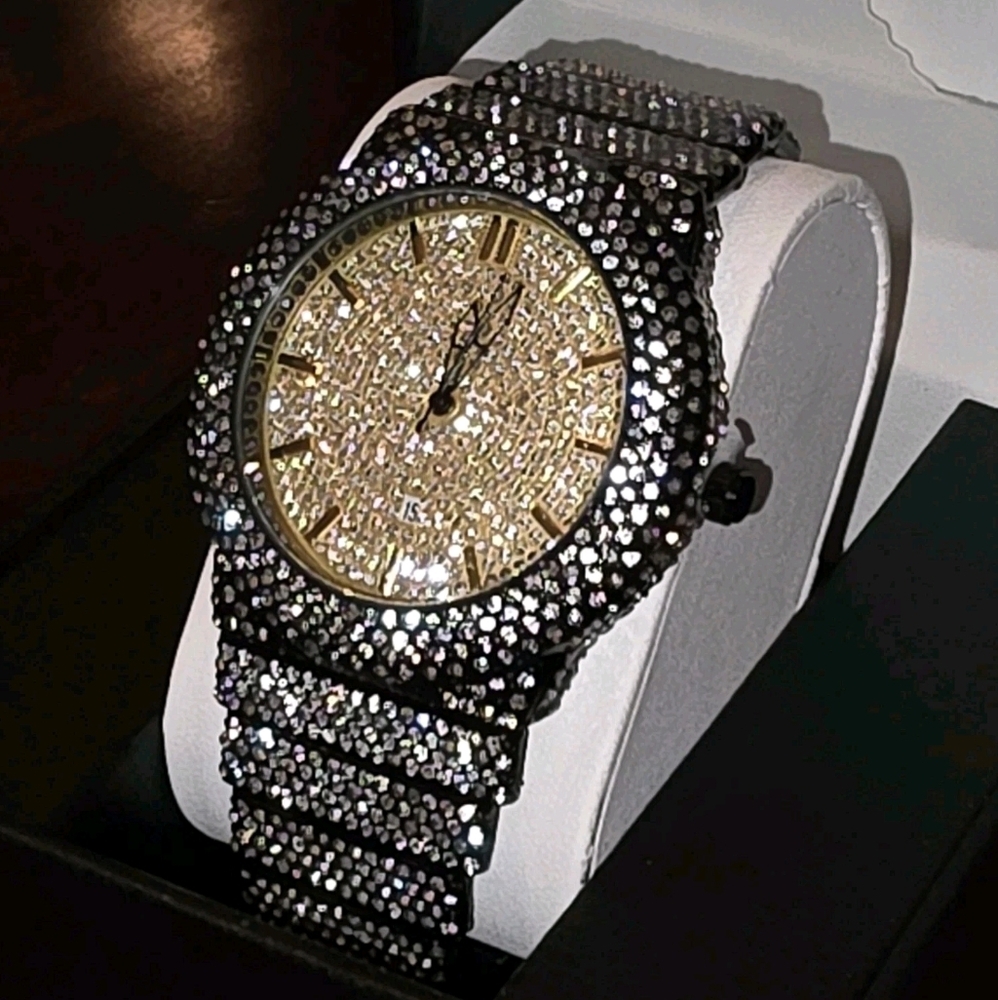 Mens Masculine Iced Out Extra Shiny Black & Gold Simulated Diamond Quartz Watch